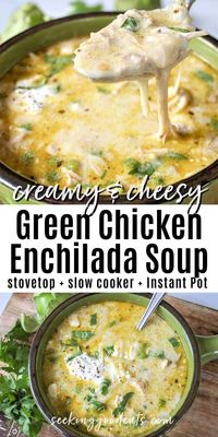 Green enchiladas chicken soup recipe is so tasty and easy to make in your slow cooker or Instant Pot. Keto slow cooker soup is the perfect weeknight dinner recipe. Easily adapted Instant Pot recipe so you've got even more options. A perfect Mexican recipe for taco Tuesdays! Seriously the best chicken enchilada soup!