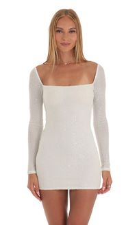 Giulia Sequin Square Neck Dress in White | LUCY IN THE SKY