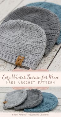 This quick winter hat uses basic stitches to create a simple, but pleasing texture. The pattern comes in 4 sizes and has several finishing options to choose from including earflaps, and a pom-pom. #freecrochetpatterns #crochethatpatternsformen #kirstenhollowaydesigns