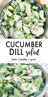 Refreshing, crunchy, and tangy, this cucumber dill salad makes a refreshing, simple and healthy side dish perfect for summer meals and BBQs!   #saladrecipes #cucumberrecipes #cucumbersalad