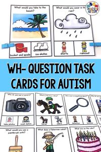 Teaching wh questions to autism students can be hard, but not with these visual task cards! Your students will love working on their wh question and answering skills with these in your classroom or in speech and language sessions. #SpecialEducation #SpeechAndLanguage