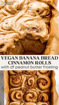 These ultra gooey and moist banana bread cinnamon rolls are SO easy!! They use just banana as the egg and create the sweetest soft pillows of banana bread in cinnamon roll form! Topped with a creamy peanut butter cream cheese frosting!