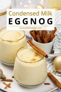 See how to make eggnog with sweetened condensed milk. Condensed milk eggnog is the ultimate holiday indulgence! This easy homemade eggnog recipe uses sweetened condensed milk and is perfectly spiced with cinnamon, vanilla, and nutmeg. This non-alcoholic Christmas drink is perfect for the whole family to enjoy. The recipe is close to traditional eggnog recipes and needs just 6 ingredients 15 min prep. Includes variations for chocolate, pumpkin spice, and caramel nog. | CountryHillCottage.com