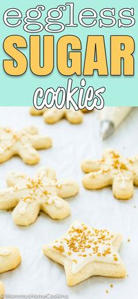 These Eggless Sugar Cookies are tender, buttery, keep their shape when baked, and yes, taste amazing, too. Serve them with or without icing and watch them disappear right before your eyes! #recipe #easy #cookies #eggless #eggfree #sugar #holidays #royalicing via @mommyhomecookin