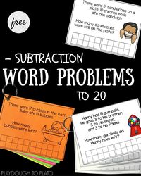 Free Subtraction Word Problems to 20! Great math center or subtraction activity for first grade or end of kindergarten.