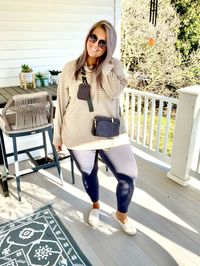 This is a 🛍️Shoppable🛍️ Pin!    Tan, grey, tan and grey, neutral, gray, leggings, tunic, striped, crossbody, coin purse, chain, sunglasses, linen, sneakers, slip on midsize, curvy, outfit, idea, inspo, inspiration, outfit of the day, ootd, midsize ootd, curvy ootd, midsize outfit, curvy outfit, size 12, size 14, size 16, size18