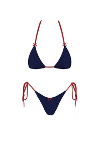 Navy bikini with red lining and bows Size and Fit: Adjustable string ties Fits true to size