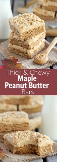 Maple Peanut Butter Bars - Thick and chewy peanut butter bars sweetened with maple syrup and topped with creamy maple peanut butter frosting.