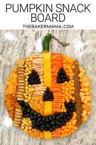 Build an adorable and delicious Pumpkin Snack Board for a Halloween or fall party that is sure to WOW your crowd! #halloween #pumpkinsnackboars