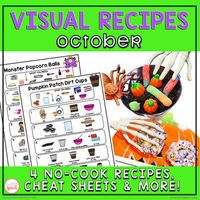 Thank you for checking out myOctober Visual Recipes Resource!This resource allows kids to easily follow & make 4 NO-COOK Recipes including: Witchs Brew Dirt Cups, Spider Cookies, Monster Popcorn Balls, and Pumpkin Patch Dirt Cups.These visual recipes are perfect for incorporating hands on learning into classroom lessons and/or at home in your own kitchen!Using these recipes you will be able totarget the following skill areas: Vocabulary, Grammar, Answering/Asking Questions, Following Directi