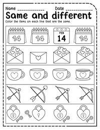 This downloadable valentine's day alike different worksheets set includes 6 worksheets to help your children learn the concept of same and different. NO-PREP printables can be used for small group activities, morning work, or extra practice and would be appropriate for preschool and kindergarten.