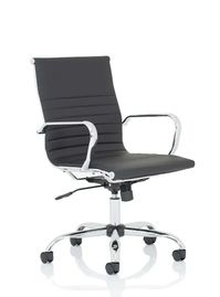 Elegant bonded leather executive armchair with chrome armrests and base

Stylish, soft bonded black leather upholstery design
Cushioned one piece seat and backrest
High or Medium backrest options
Matching chrome armrests and base
Single lever mechanism for gas lift control adjustment
Tilt tension adjustment
Dimensions: W650 x D650 x H955mm (medium) 1065mm (high)
Seat Dimensions: W490 x D450 x H470-570mm