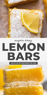 These Super Easy Lemon Bars combine a tart and tangy lemon curd filling with a buttery, shortbread crust. Made in an 8" x 8" baking pan, they make the perfect citrusy treat to enjoy with family, friends, or coworkers all year round! Find the full recipe on BeyondtheButter.com!