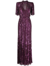 mulberry purple sequin embellishment cut-out detailing fitted waistline short sleeves high neck concealed rear fastening straight hem floor-length