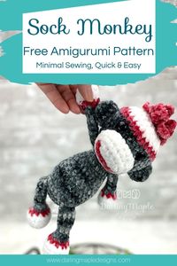 Sock Monkey Free Crochet Pattern by Darling Maple Designs.  This cute little amigurumi Monkey make the perfect baby gift and sells great at craft fairs.  The pattern works up quick with easy to follow instructions, photos and video tutorials. #sockmonkeycrochet #freepattern #amigurumisockmonkey