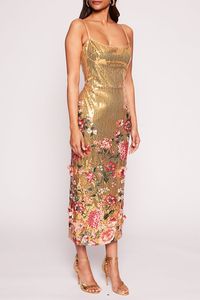 Marchesa Notte embroidered applique sequin dress in gold mutli. 100% POLYESTER Dry Clean Made in China