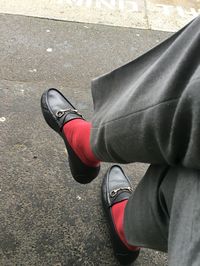 Red socks with my black leather Gucci Loafers #style #gucci