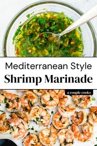 This grilled shrimp marinade is seriously easy to make and perfect for entertaining or easy dinners; it's a zesty mix of lemon, garlic, and fresh herbs. | shrimp recipes | grilling recipes | mediterranean diet recipes | pescatarian recipes | dairy free recipes | gluten free recipes | #shrimp #marinade #easy #recipe #healthy