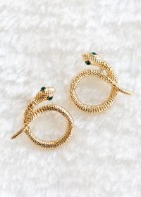 Curled Snake Gold Post Earrings - Green – Adorabelles