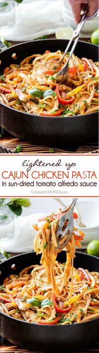 Cajun Chicken Pasta in the most amazing flavor bursting creamy Sun-dried Tomato Alfredo Sauce! The juicy spice rubbed chicken melts in your mouth and the pasta is 10000x better than any restaurant at a fraction of the cost and calories!