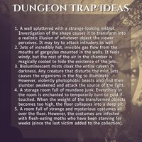 Lyres For Hire on Instagram: "Here are a few trap ideas for people who like incorporating silly and weird traps in their dungeons. How do you use traps? Are any of you still planning traps for your #dungeon23 plans?   I think very loosely about ‘traps’ in RPGs: A trap for me is any kind of hidden danger, whether it was intentionally placed or not. Sometimes traps are mechanical devices. Some monsters act like traps (mimics, smothering rugs, gelatinous cubes, assassins). Sometimes natural featu