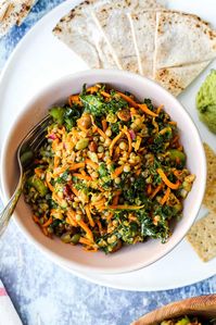 This Moroccan lentil carrot salad with mint, raisins, nuts, and warmly spiced dressing is the perfect side salad or light lunch paired with pita and hummus. 