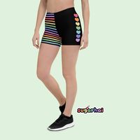 Super cute rainbow heart shorts. Rainbow stripe pattern on one side, solid black on the other side with mini heart stripe detail. Perfect for people who love being gay. Four-way stretch fabric  Smooth microfiber yarn Comfortable elastic waistband Original artwork Plus sizes available Sizing tip: Take a pair of shorts that fit you the way you like, lay them flat and measure them according to my size chart (in images), then compare your measurements to the measurements in the size chart. This design can be transferred to other products on request. Have a question? Message me!