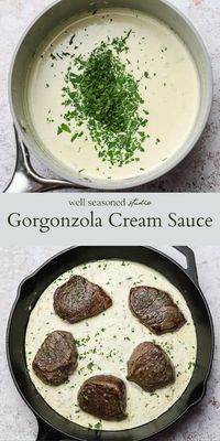 A warm Gorgonzola cream sauce is the perfect complement to a juicy steak. It can also be used as a flavourful accompaniment to grilled chicken, as a topping for brussels sprouts, as a sauce for garlic bread or as a dip for veggies. #wellseasonedstudio #gorgonzolasauce #gorgonzolacreamsauce #steaksauce #creamsauce