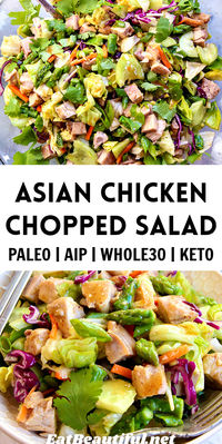 Asian Chicken Chopped Salad makes a delectable lunch or dinner entrée with an amazing texture and incredible dressing. You can't go wrong with this special meal, that's also fast and easy to make. Meal prep option. | chopped salad | recipe | asian | chinese | thai | chicken salad | spring recipes | asparagus | paleo | aip | keto | whole30 | gluten free | low fodmap | summer | salad