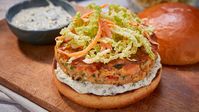 Salmon burgers ﻿with tartar sauce and slaw﻿