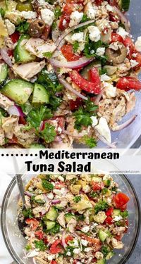 This Mediterranean Tuna Salad No Mayo is a fresh new twist on traditional tuna salad. With albacore tuna, tomatoes, cucumber, onion, artichokes and olives this tuna salad is anything but boring! Great for lunch, dinner and meal prep. #tunasalad #lunchideas #mealprepping healthy tuna recipes - tuna healthy - tuna whole30 - tuna wrap - budget meal prepping - meal prep recipes healthy - quick prep meals - meal prep easy ideas - meal prep recipes