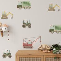 "Transform your child's room into a vibrant construction site with our premium watercolor wall decals, featuring tractors, excavators, dump trucks, and cranes. These high-quality, easy-to-apply self adhesive, removable stickers bring a splash of playful energy and color to any space, perfect for inspiring little builders.  Size Options: Full Sheet: 7 Green Tractors that are 5.3\" 6 Yellow Excavators that are 7.5\" 6 Green Dump Trucks that are 8.5\" 5 Red Cranes that are 10.8\" Sample: A sample i