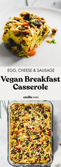 Serve up this Vegan Breakfast Casserole to a hungry crowd and freeze the leftovers for a quick savory breakfast! This breakfast casserole features vegan egg, cheese, and sausage for a breakfast everyone can enjoy. @drpraegers #sponsor #veganbreakfast #casserole #tofurecipes #tofu