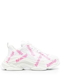 Triple S logo-print sneakers from BALENCIAGA featuring white, pink, calf leather, all-over logo print, front lace-up fastening, logo pull-tab at the heel, branded insole and chunky rubber sole. Conscious: We've partnered with Good On You – an ethical agency that rates how sustainably brands perform. This item comes from a brand that performs well in relation to their impact on the planet..