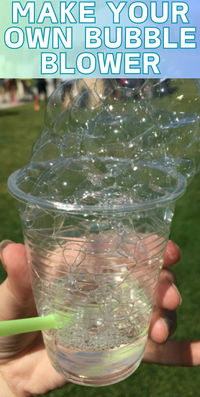 Turn simple supplies like a plastic cup and straw into a bubble-blowing machine! This easy DIY bubble blower is perfect for summer fun, outdoor play, science experiments, and learning about how bubbles form. It's a great activity for kids of all ages! #kidsactivities #bubbleblower #DIY #summerfun #outdoorplay #kidscrafts #scienceexperiments #sensoryplay