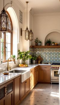 Step into a Moroccan dream with this stunning kitchen design. Showcased during the captivating golden hour, this space features hand-painted tiles as a central focal point, surrounded by arched windows flooding the room with natural light. The brass lanterns and recessed lighting add layers of warmth and charm, making it a Pinterest-worthy culinary oasis.