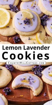 Homemade lemon lavender cookies feature a bright, citrusy-floral taste and a soft, buttery texture, topped with a sweet lemon lavender glaze and decorated with lemon zest and lavender buds. They are full of beautiful lavender aroma and bright, zesty lemon flavor. The texture is soft and buttery, with a tender crumb and slightly crispy edges. The easy recipe comes together quick, calls for simple ingredients and doesn’t require chilling. Great for summer and gift giving. | CountryHillCottage.com