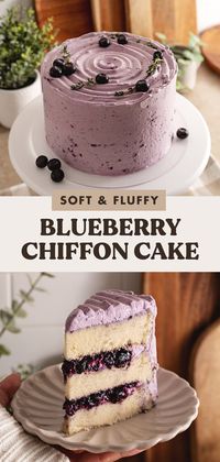 This blueberry chiffon cake is made with soft and fluffy layers of chiffon cake with homemade blueberry jam in between each layer and blueberry whipped cream frosting. It's made entirely with frozen blueberries and all naturally-coloured!