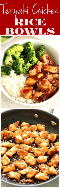 Quick and Easy Teriyaki Chicken Rice Bowls - sweet, garlicky chicken served with steamed broccoli and rice. This Asian chicken dinner recipe is better than takeout and made with just a few ingredients!