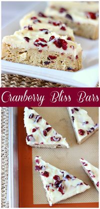 Cranberry Bliss Bars ~ A soft blondie bar with white chocolates, cranberries and covered in  cream cheese frosting. Perfect treat for any occasion! ~ www.mykitchencraze.com