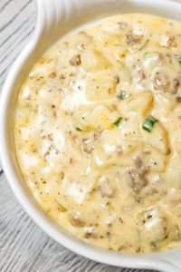 Cheesy Hamburger Potato Soup is a hearty soup recipe loaded with ground beef, diced potatoes, chopped green onions and shredded cheddar cheese.