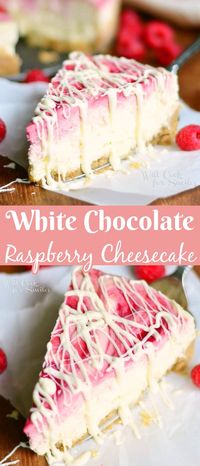 White Chocolate Raspberry Swirl Cheesecake is a soft and smooth cheesecake made with fresh raspberry swirl, layers of white chocolate on the bottom and on top.