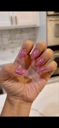 Pink glitter dip natural almond shape nails