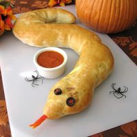 Spooky Calzone Snake | "It was a hit with the kids! Serve with spaghetti sauce for dipping."