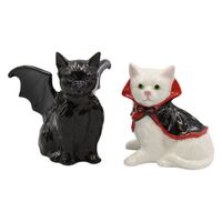 Porcelain Vampire and Dracula Cat Salt & Pepper Shaker. Great for Halloween Tabletop decor and Cat Lovers. Hand Wash Only.