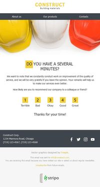 Survey & Feedback Email Template "Quick Question" for Construction industry. Explore our Survey & Feedback Email Templates to find just the right look for you. #EmailTemplates #EmailDesign #EmailMarketing #Mailchimp #Newsletter #Шаблонрассылки