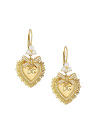 "Find DOLCE & GABBANA 18k Diamond & 3mm Pearl Devotion Drop Earrings on Editorialist. Ornate earrings cast in glowing 18K yellow gold feature aclover made up of spherical pearls, an elegant bow, and the magnificent sacred heart, symbol of unconditional love and faith, both enriched with diamonds. The D & G logo is engraved inside the heart. Diamonds 0.35 tcw Freshwater pearls, 3mm 18K yellow gold Leverback Made in Italy SIZE Drop, about 1.4\" ABOUT THE BRAND Mediterranean-inspired prints and luxe silhouettes are mainstays of the Italian label, launched in 1985 by Domenico Dolce and Stefano Gabbana. The eye-catching line includes a lineup of sleek clothing and maximalist shoes and handbags. Dolce & Gabbana."