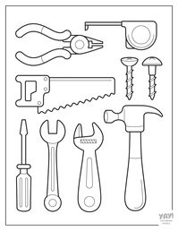 Construction tools coloring page with hammer, saw, measuring tape, nails, and more. All coloring pages are free to download. You can color on paper, or digitally on your tablet in apps like Procreate. Construction coloring pages are perfect for kids and adults. Check out the whole collection for more coloring pages for boys.