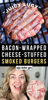 These Traeger smoked bacon wrapped burgers are a show stopper at the dinner table. With a little prep work, these cheese stuffed smoked burgers are ready to cook. You’ll certainly impress your eaters with this Sip Bite Go smoked juicy burger! | sipbitego.com