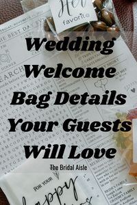 Wedding Welcome Bag Details | Wedding Welcome Bags. This post will give you a list of ideas of things to include in your wedding welcome bags #welcomebags #weddingwelcomebags #welcomebagessentials #wedding #hotelwedding #destinationwedding #bridalblog